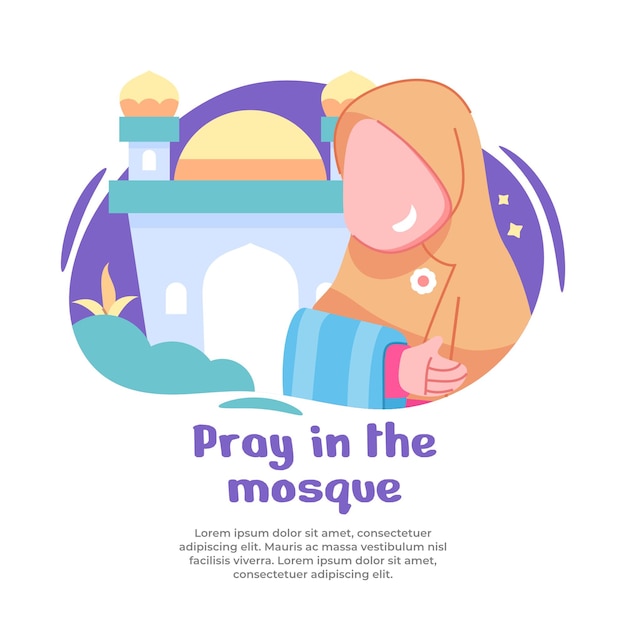 Vector illustration of girl praying happily in mosque