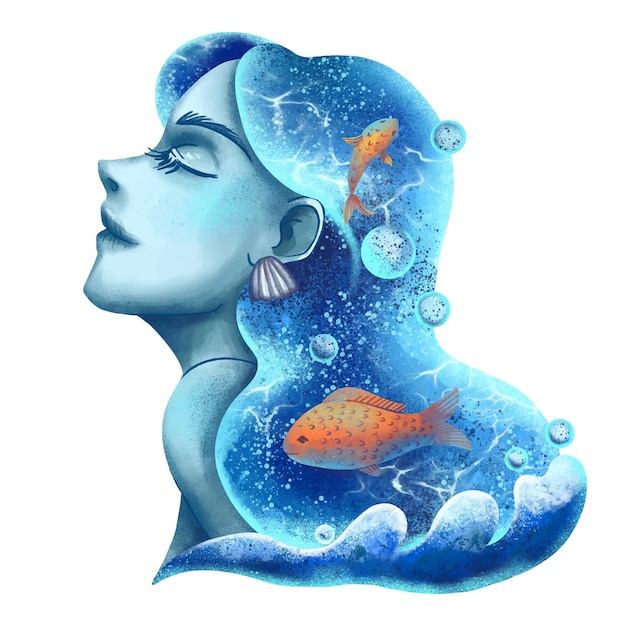 Illustration girl in profile water environmental protection sea ocean fish nature protection