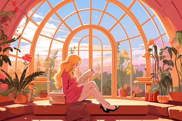 Vector illustration of girl reading book in greenhouse