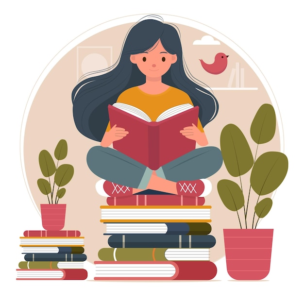 Vector illustration of a girl reading book on stack of books