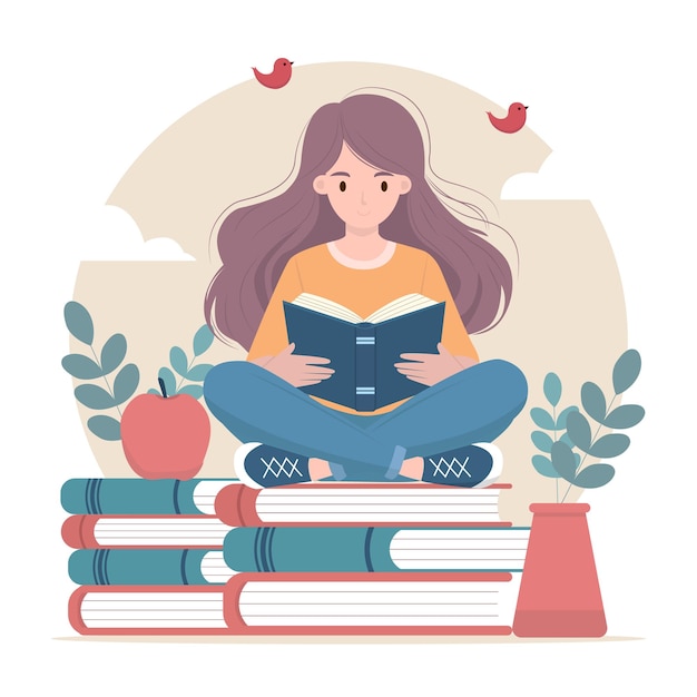 Vector illustration of a girl reading book on stack of books