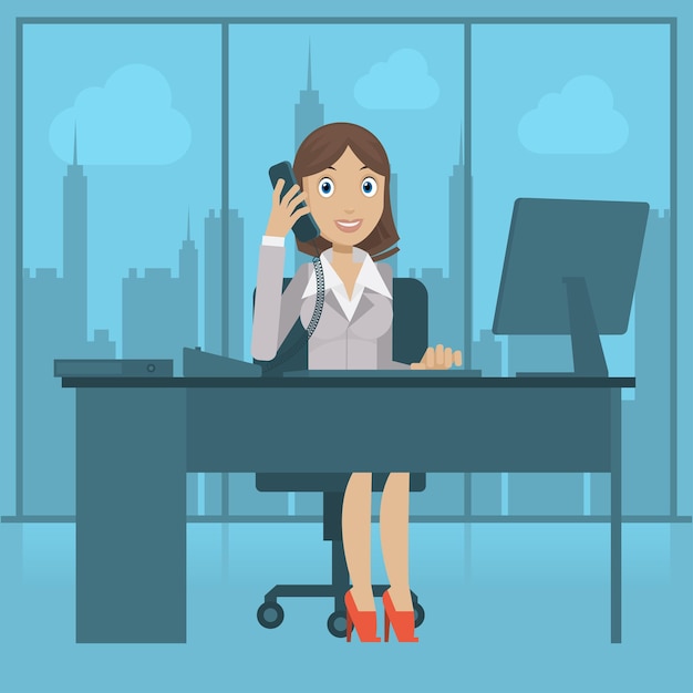 Vector illustration girl secretary speaks by phone, format eps 10