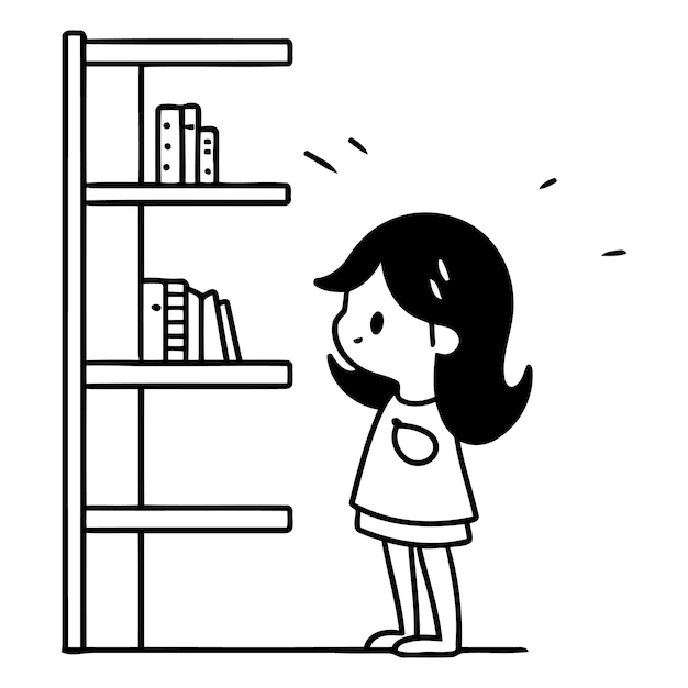 Illustration of a girl who is looking for books on the shelf