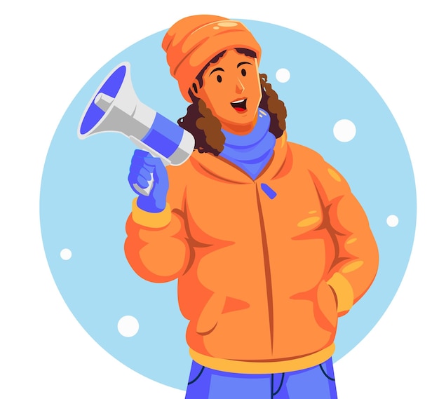 Vector illustration of a girl in winter clothes holding a megaphone