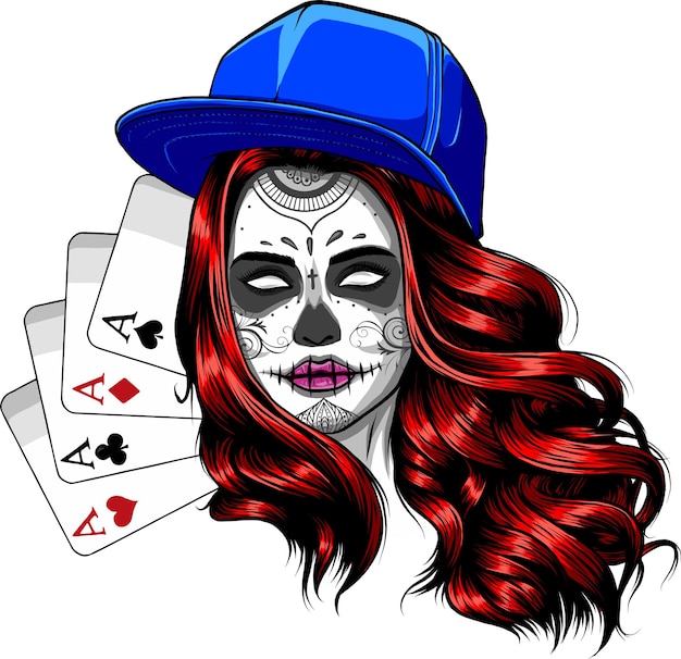 Illustrazione della ragazza con il cappuccio sulla testa con il vettore degli assi del poker sul sorteggio digitale della mano su sfondo bianco