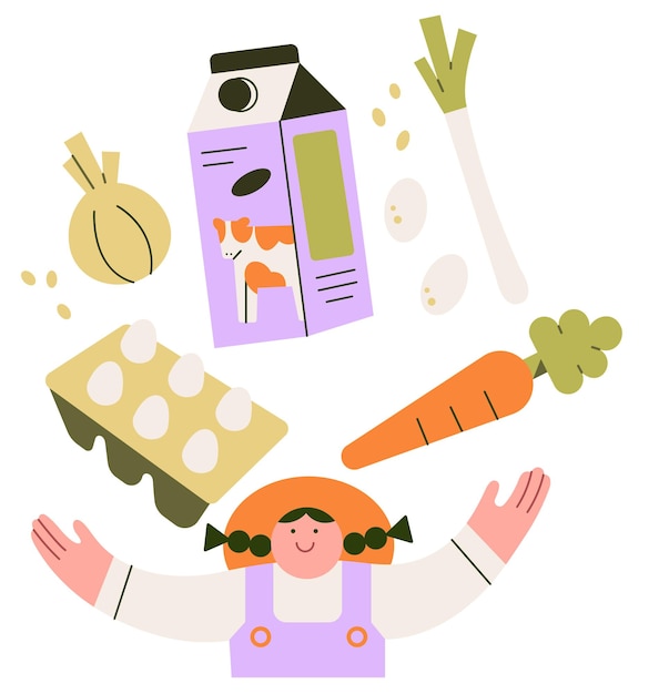 Vector illustration of a girl with a carrot and a pack of milk