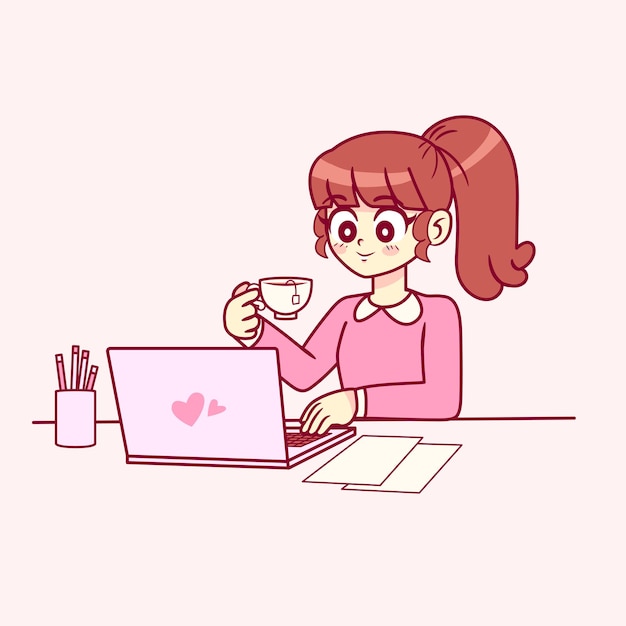 Illustration of girl working in pink office