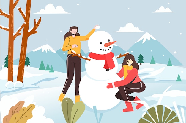 Vettore illustrazione di ragazze che fanno pupazzi di neve insieme in inverno