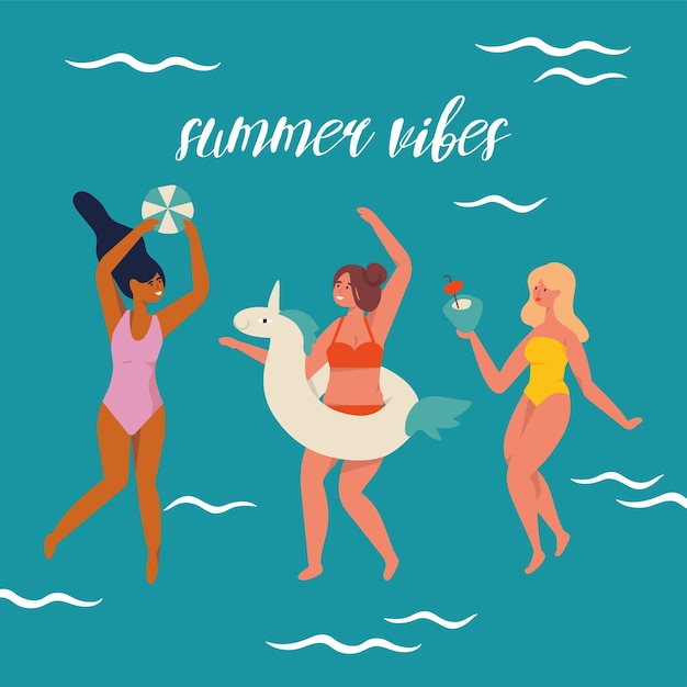 Vettore illustrazione ragazze che indossano il costume da bagno e si divertono con cocktail di cocco summer vibes