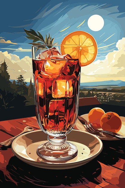 Vettore illustrazione di un bicchiere di negroni cocktail e arancia