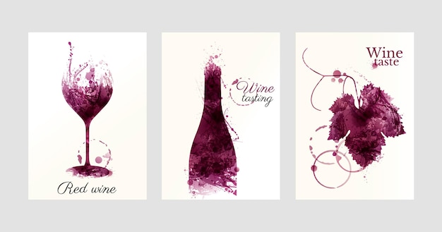 illustration of glass wine bottle and vine leaf with red wine stains
