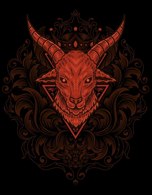 Vector illustration goat head with engraving ornament