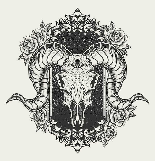 Illustration goat skull with engraving ornament