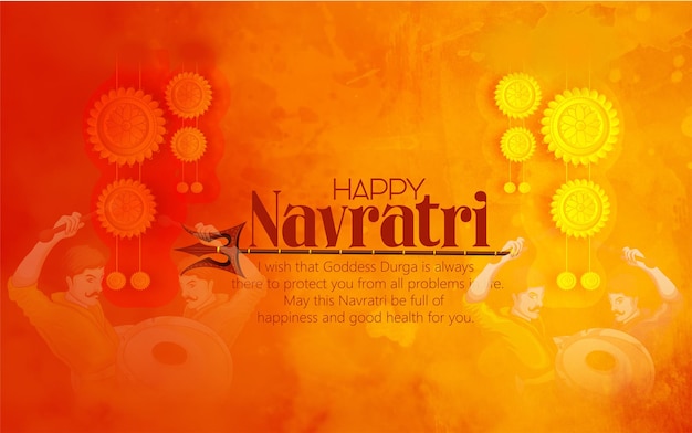 Vector illustration of goddess durga for happy navratri festival,  couple playing dandiya, garba night in n