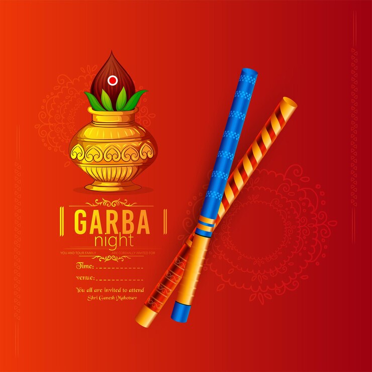 illustration of Goddess Durga for Happy Navratri festival,  Couple Playing Dandiya, Garba Night in N