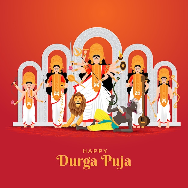 illustration of Goddess Durga with family including Lord Ganesha Lakshmi Saraswati and Kartikeya