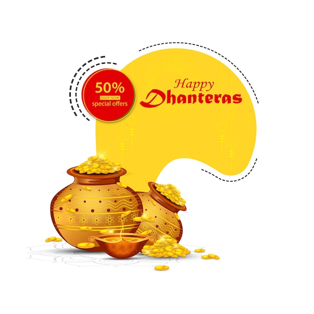 Vector illustration of gold coin in pot for dhanteras celebration-happy dhanteras. web page, poster and ban