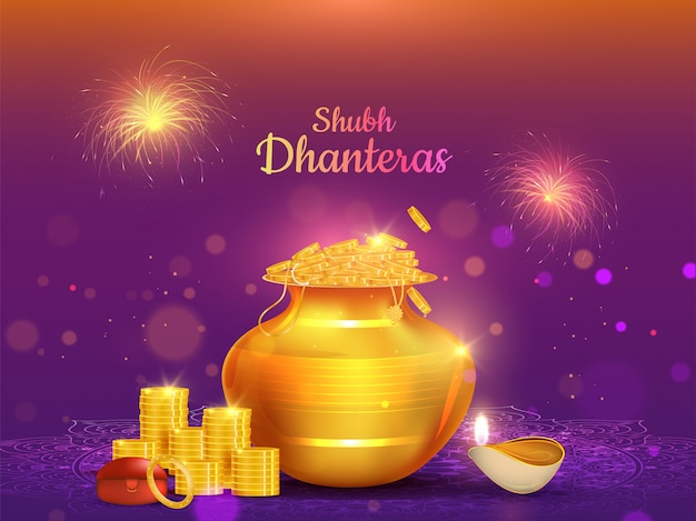 Illustration of golden coin pot and illuminated oil lamp (Diya) for Shubh Dhanteras celebration