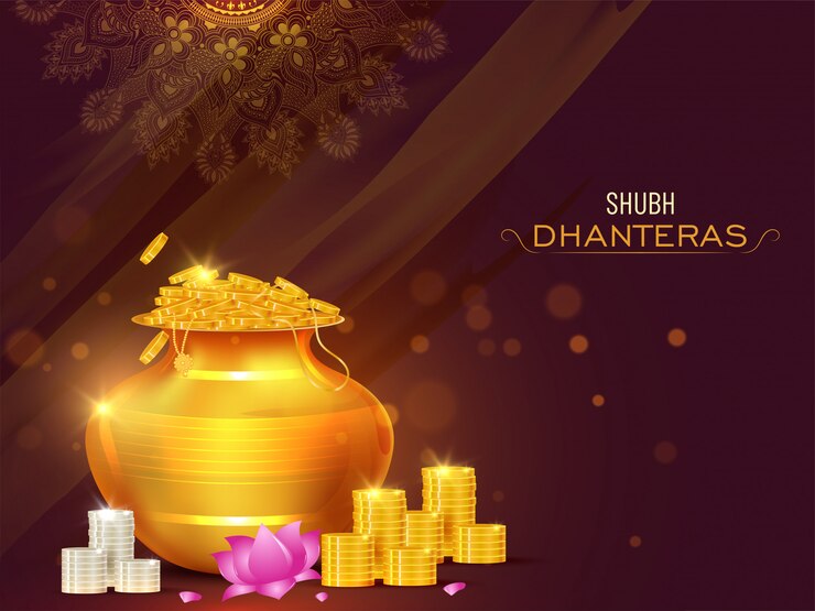 वेक्टर illustration of golden coins pot with lotus flower on the occasion of shubh (happy) dhanteras celebration concept.