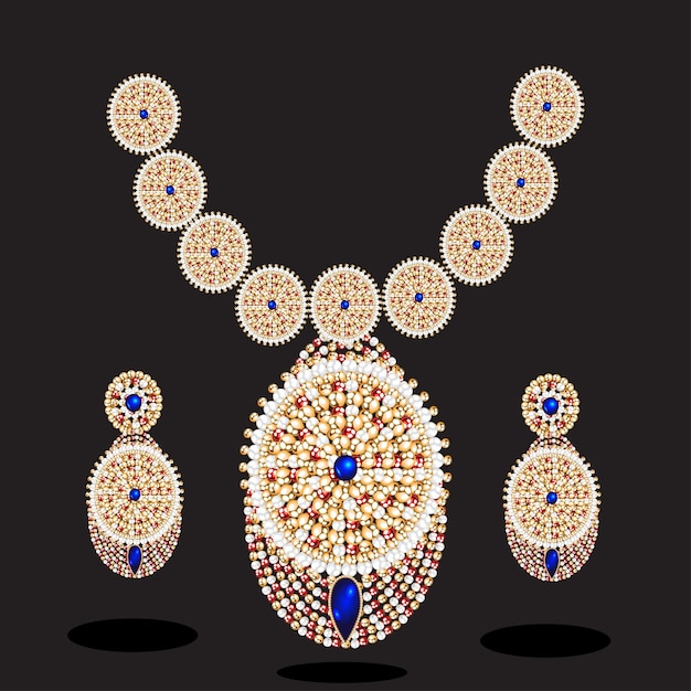 illustration of a Golden necklace female with blue precious stones