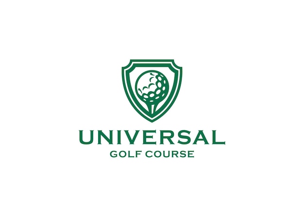 프로 골프 코스 로고 디자인의 상징을 위한 방패에 있는 골프 공의 그림
