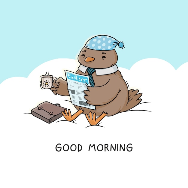 イラストおはようございます、鳥は雲の上に座って新聞とコーヒーを飲みます