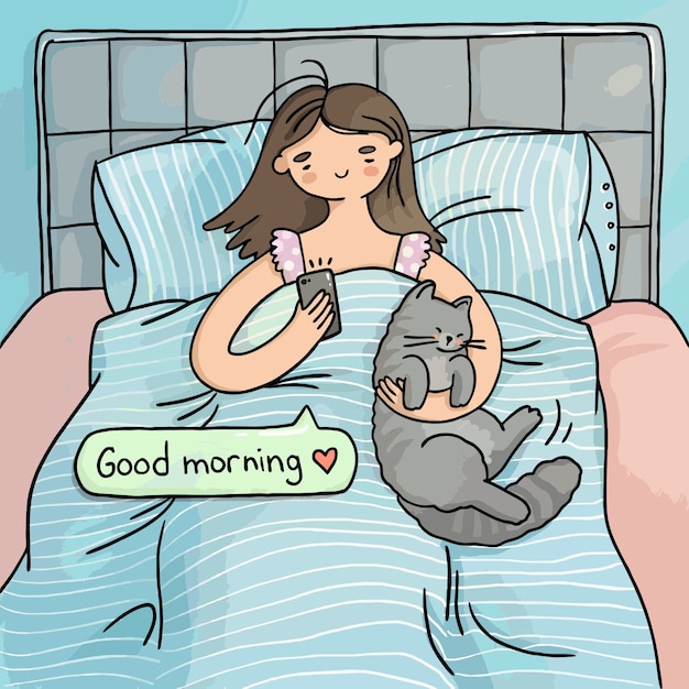 Иллюстрация доброе утро, девушка в постели с кошкой
