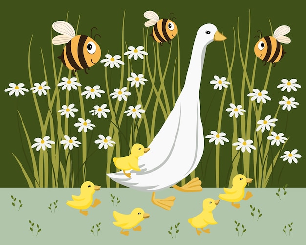 Illustration goose with cute goslings in a meadow with daisies and funny bees Colorful design