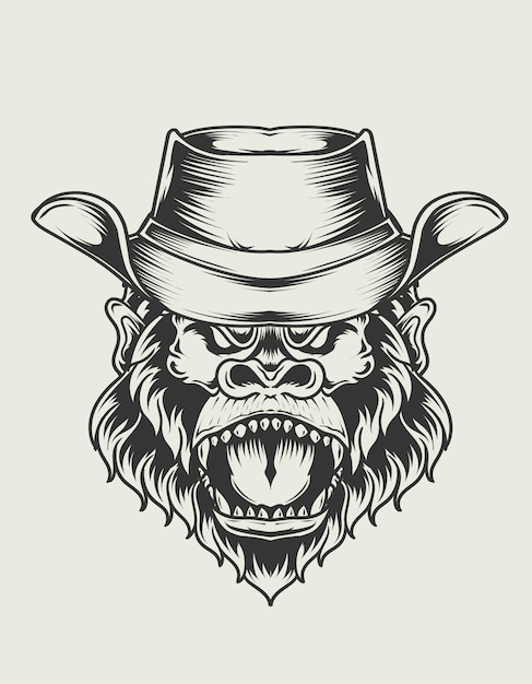 Illustration gorilla head with cowboy hat