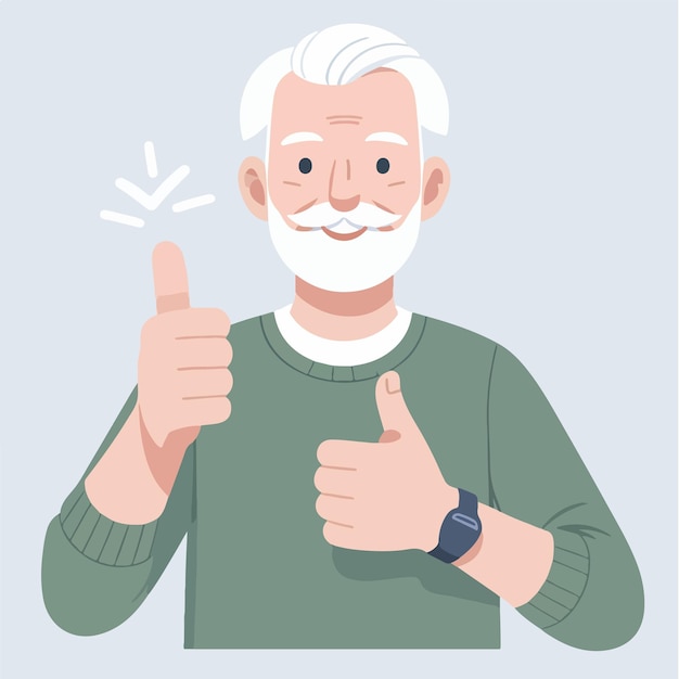 평평한 디자인 스타일로 엄지손가락을 올리는 할아버지의 일러스트레이션