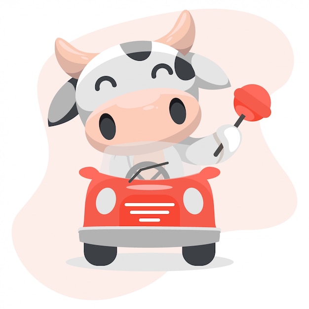 График иллюстрации прелестной коровы с автомобилем и конфетой.