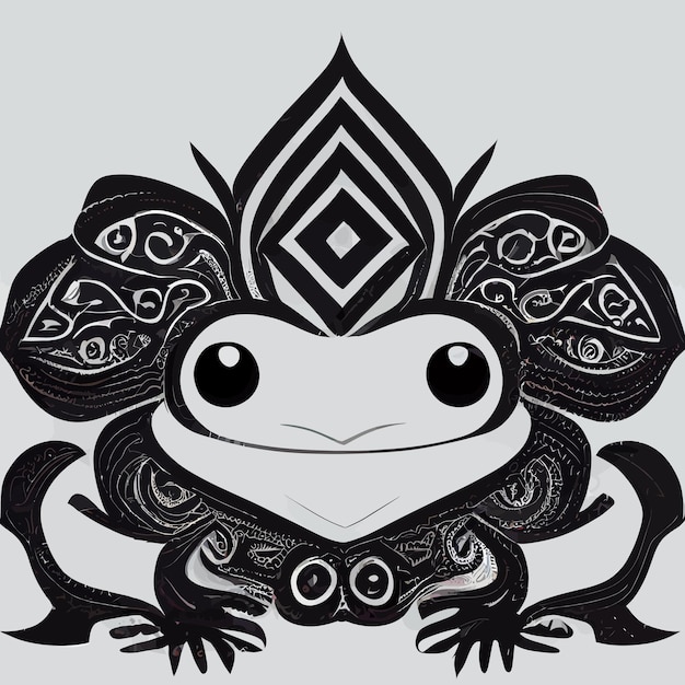 Illustration graphic of black and white frog in hand draw tribal style