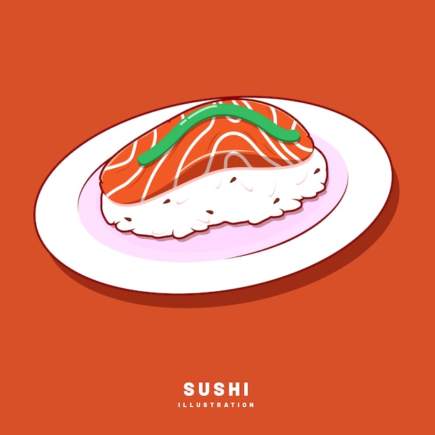 Illustration graphic design of sushi with tuna/salmon chunks front view and filled style flat design.