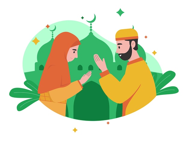Vettore illustrazione grafica di un popolo di musulmani si salutano su eid mubarak ied fitr eid al-fitr celebrazione