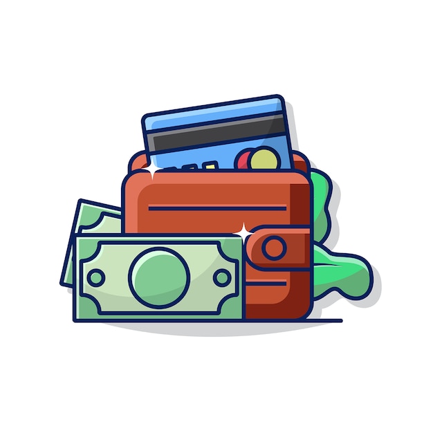 Grafico dell'illustrazione del portafoglio con l'icona di alcuni soldi e carta di credito