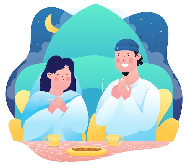 Vector illustration graphic of a young married couple are praying to get ready to break their fast at the iftar time