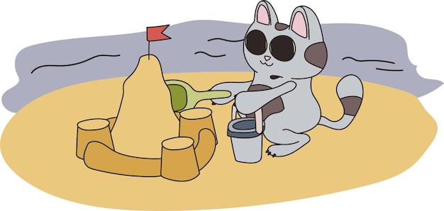 Vettore illustrazione di un gatto grigio sulla costa un animale domestico costruisce un castello di sabbia vicino all'acqua pala giocattolo e secchio gattino carino che gioca nella sabbia pronto per l'uso eps per il tuo design