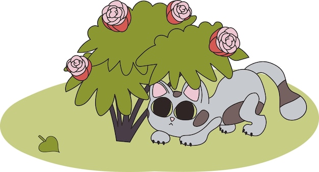 Vettore illustrazione di un gatto grigio per strada un animale domestico sta cercando una foglia caduta cespuglio con rose fiori rosa predatore e preda gattino e giocattolo pronto per l'uso eps per il tuo design