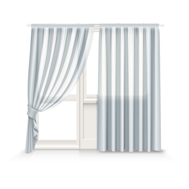 Illustration of gray curtains hang on window and balcony door on white background