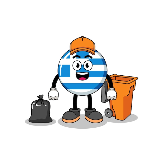 Illustration of greece flag cartoon as a garbage collector