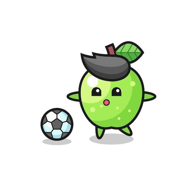 L'illustrazione del fumetto della mela verde sta giocando a calcio, design in stile carino per maglietta, adesivo, elemento logo