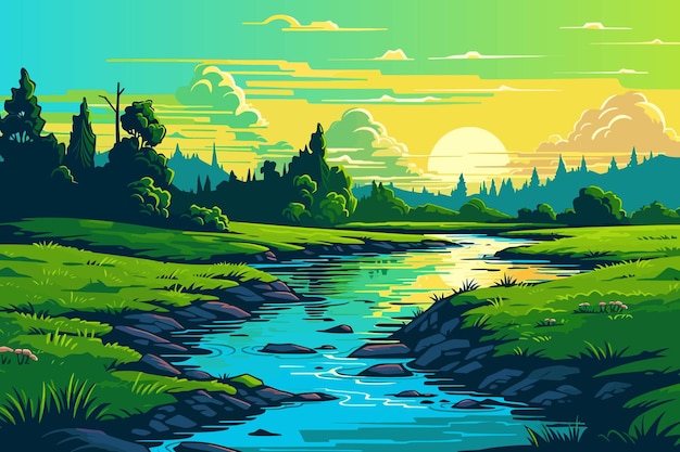 Vector illustration of green forest with river