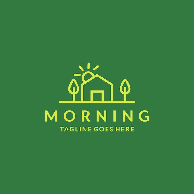 家とイラストの緑の葉 ビンテージ ファーム ロゴ デザイン ファーム牛牛