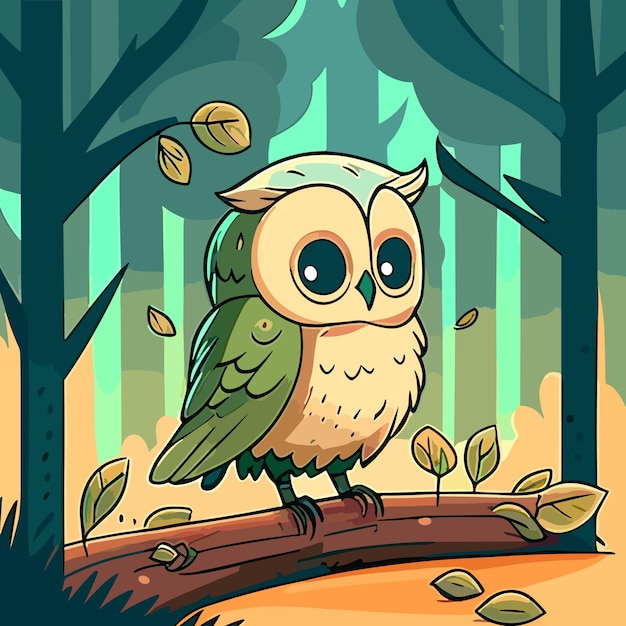 An illustration of a green owl sitting on a branch in a forest