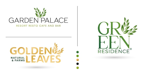 иллюстрация зеленой резиденции, золотые листья, логотипы садового дворца, буквенный тип, изолированные фоны