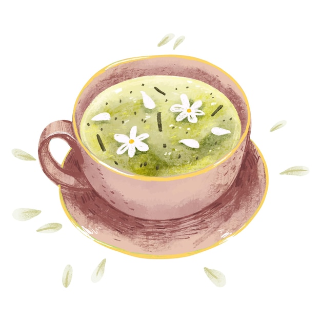 Vettore illustrazione del tè verde in una tazza con un piattino in uno stile ingenuo con petali di fiori bianchi