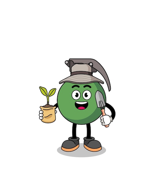Illustration of grenade cartoon holding a plant seed