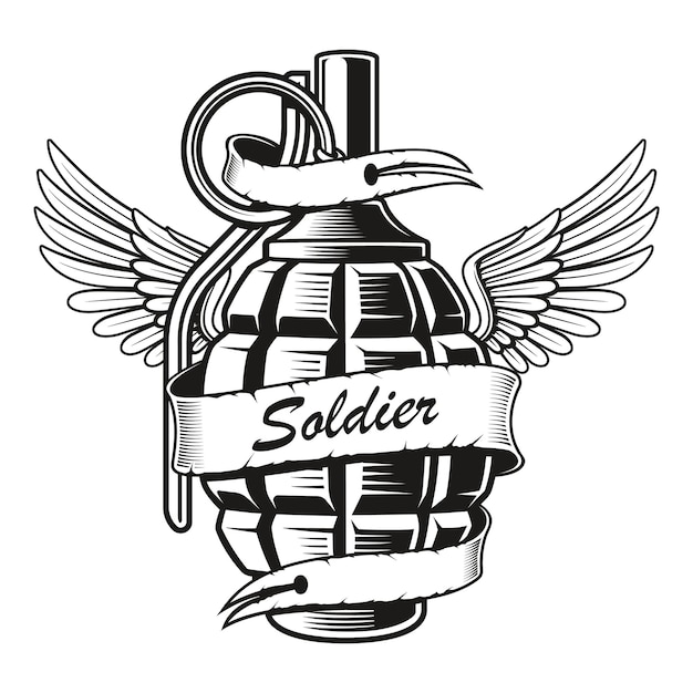 L'illustrazione di una granata con le ali può essere utilizzata come disegno di una t-shirt