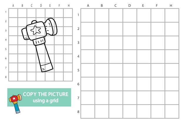 Vector illustration of grid copy picture educational puzzle game with doodle hammer