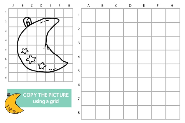 Illustration of grid copy picture educational puzzle game with doodle moon